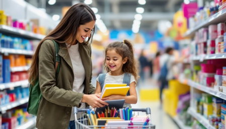 A mother and her young daughter joyfully browse through school supplies in a colorful store aisle. The child smiles as she holds a notebook, exploring options for back-to-school shopping.の素材