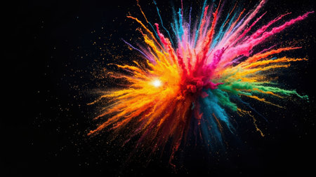 Bright colors burst in a captivating explosion, filling the dark backdrop with energy and creativity. The vibrant hues blend and swirl, creating a stunning visual impact.の素材