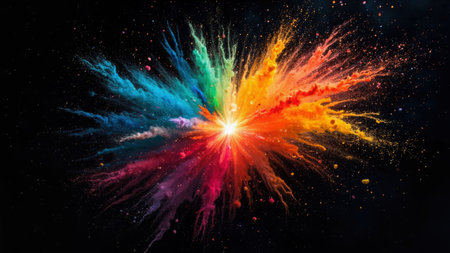 Colorful powder bursts forth in a spectacular display, illuminating the dark surroundings with vibrant hues. The energetic explosion captures the spirit of joy and creativity.の素材