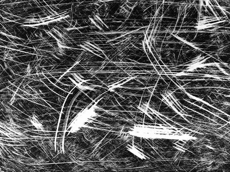 This composition features a chaotic arrangement of white streaks and lines on a black background,...