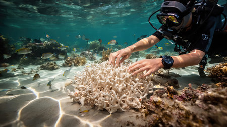 Diver explores coral reef and interacts with marine life in clear water during daylight hours Generative AIの素材