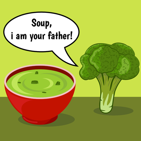 Funny comic with broccoli and vegetable soup over green background with dialogueのイラスト素材