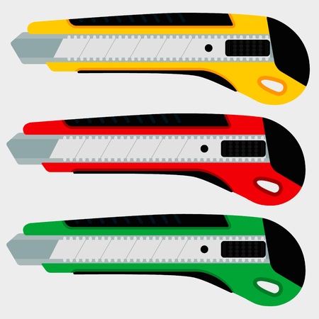 Cutter knife (office paper knife) set in three colors. Flat style design.のイラスト素材