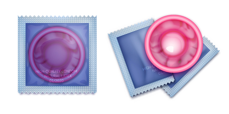 Pink condom with packing. Set of vector illustrations of pink latex condoms in packing and without. Condoms and packages on white or transparent background. Set of latex condom.のイラスト素材