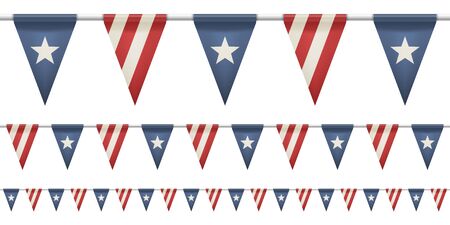 Straight garland with flags. Design elements for 4th of july, memorial day, presidential election. Set of patriotic bunting flags. U.S. Flag Garland. Vector illustration.のイラスト素材