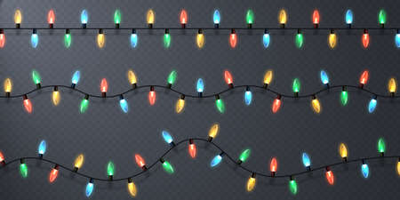 Christmas lights, isolated design elements. Holiday glowing lights. Colorful garland lights. Differently colored electric lights spaced evenly along a cable.のイラスト素材