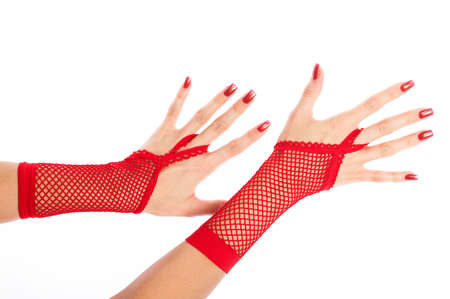 Woman red lace gloves  Isolated on white の写真素材