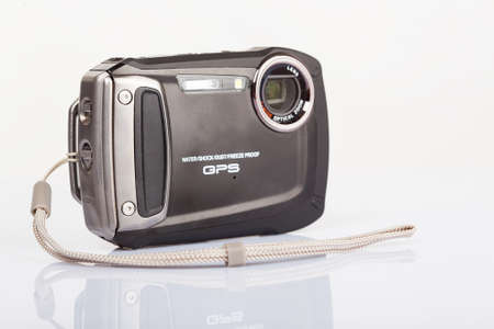 waterproof compact digital camera isolated on whiteの写真素材