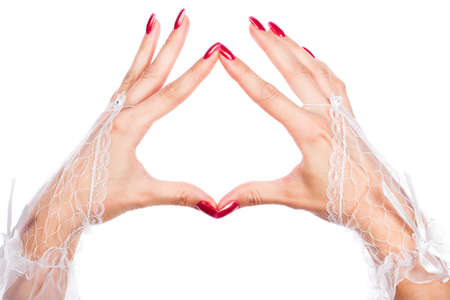 Woman white  lace gloves,  isolated on white の写真素材