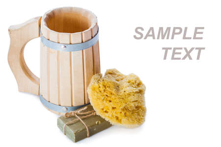 mug bast and soap isolated on whiteの写真素材