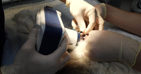 An x-ray of the tooth root is performed on an animal under anesthesia on a portable x-ray machine. An x-ray film is inserted into the animals mouth. The concept of dentistry in animals.の写真素材