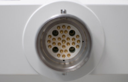 Close-up of the place where the gastroscope camera is connected to the device in surgery. You can see the connector on the gastroscope apparatus where the hose with the camera is inserted.の写真素材