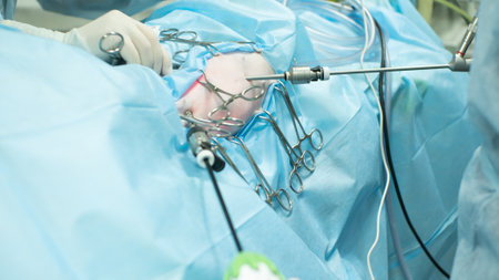 In the veterinary operating room, the patient lies on their side. The doctor conducts an endoscopic examination of the abdominal cavity of a pet using ports installed in the patients abdomen.の写真素材