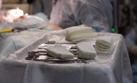 A surgical sterile instrument lies on a tray in front of the operating table where a surgeon and an...