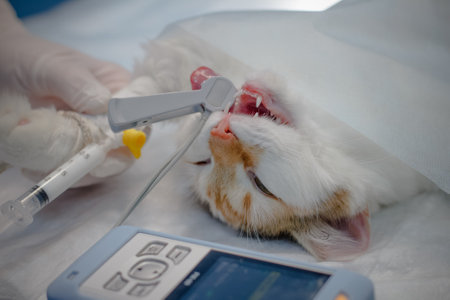 A cat lies on the table in a veterinary operating room. An anesthesiologist in leads a syringe into an anesthesia catheter. The cat is connected to life monitoring devices.の写真素材