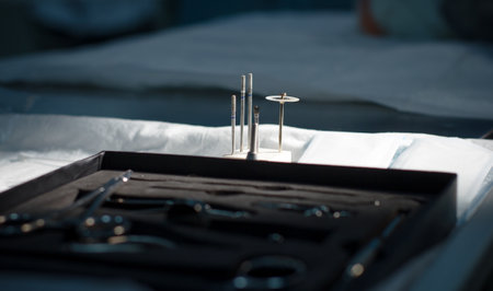 Dental instrument and drills are on the table in the veterinary clinic. Prepared table with dental...