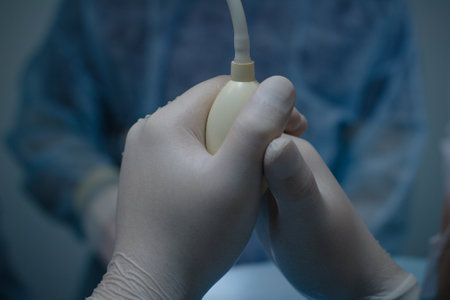 Medical pear in the hands of a doctor in surgery during an operation to measure blood pressure. The...