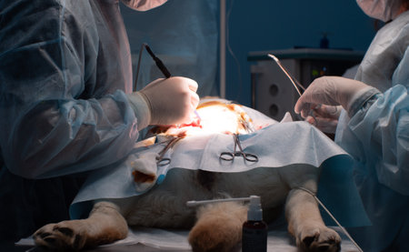 In a veterinary hospital, a surgeon with an assistant performs an operation on a pet. The surgeon makes an incision in the abdomen of the animal with a scalpel. Professional veterinary surgery.の写真素材