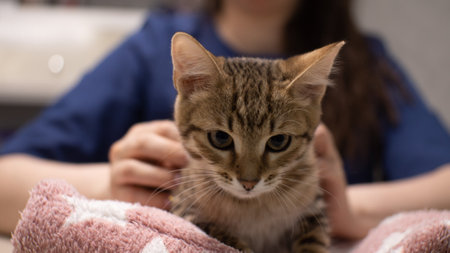 The veterinarian calms down by stroking a small kitten sitting in front of him on the table. A cute little kitten looks around at the veterinary clinic. Kitten visiting the vet for the first time.の写真素材