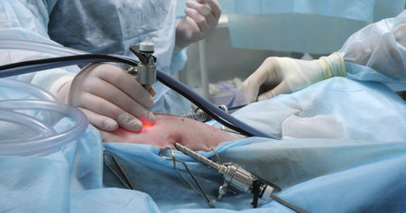 The veterinary operating team performs laparoscopic sterilization on a dog. The hands of a...