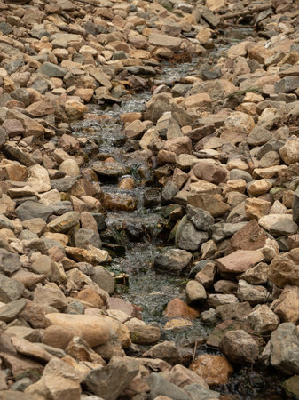 A beautiful small river flows over the stones forming cascades. Water in a small river flows over mountain stones in a swift beautiful stream. The concept of a small mountain river.の写真素材