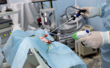 The hands of a veterinary surgeon operate an endoscopic instrument during an abdominal operation on an animal in surgery. The animal sleeps in anesthesia on its side while the doctor operates.の写真素材