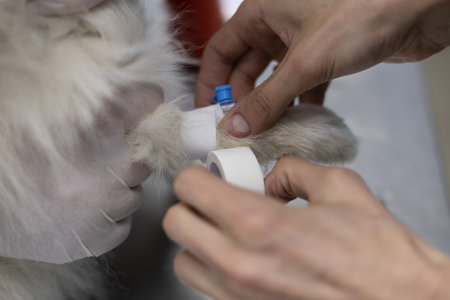 Once the IV catheter is in place, the veterinarian secures it to the paw with adhesive tape. The doctors hands are attached to the pets paw an intravenous catheter for conducting a dropper.の写真素材