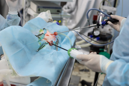 The hands of a veterinary surgeon operate an endoscopic instrument during an abdominal operation on an animal in surgery. The animal sleeps in anesthesia on its side while the doctor operates.の写真素材