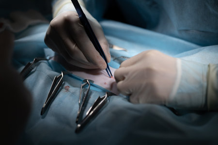 Hands of a veterinary surgeon in a glove operates a pet close-up. In dark surgery, there is an operation on an animal. A professional surgeon operates on a patient.の写真素材