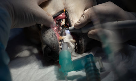Close-up. The veterinarian cleans the dogs teeth under anesthesia. With the help of an ultrasonic scaler, the doctor cleans the teeth of the pet in the clinic. The concept of brushing teeth.の写真素材