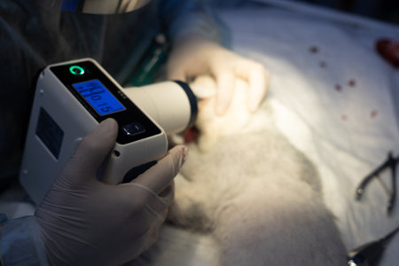 A cat with a toothache was brought to the veterinary clinic. A veterinarian uses a mobile dental x-ray to take a picture of a diseased tooth in a cats mouth. Dental x-ray concept.の写真素材