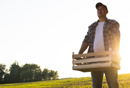 In the rays of the sun, the farmer is holding a box with potato vegetables standing in the field. Copy space. The farmer worked in the field and harvested potatoes. Agricultural business concept.の写真素材
