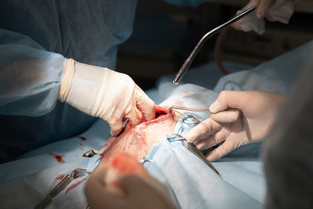 A professional veterinary surgeon performs sterilization surgery on a pet. In veterinary surgery, the operating team performs cavity sterilization of the pet. Pet surgery concept.の写真素材