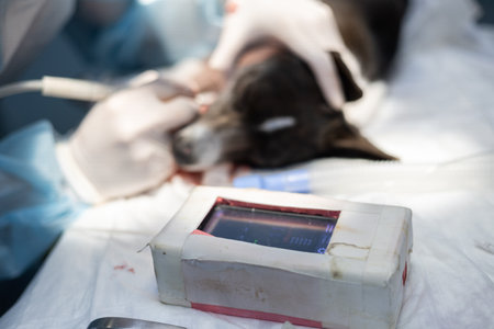 At the veterinary clinic, the dogs teeth are brushed under anesthesia while vital signs are monitored. While brushing the dogs teeth, the veterinarian monitors the pulse and pressure on the device.の写真素材