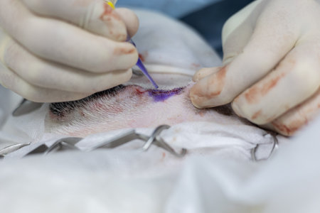 The veterinary surgeon applies skin glue to the surgical wound to avoid the need for stitches. Skin glue allows you to hold the edges of the wound together without stitches. Skin glue in surgery.の写真素材