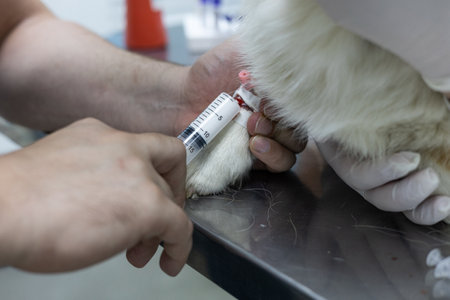 A veterinarian injects medication from a syringe into an intravenous catheter on a dogs paw. Large plan. Injecting a solution with medication through an intravenous catheter on the pets paw.の写真素材
