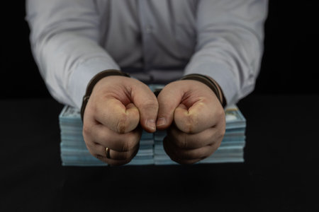 A corrupt official was caught taking bribes. The officials hands were handcuffed. Hands in handcuffs...