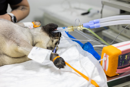 A dog on the operating table under anesthesia with vital signs monitoring devices. An intubated dog...