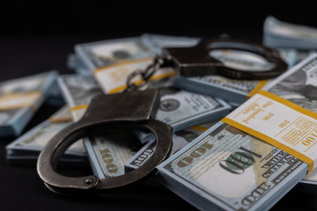 Handcuffs on packs of dollars on a black background. Packs of dollars sealed with bank tape lie with handcuffs symbolizing punishment for theft and bribery.の写真素材