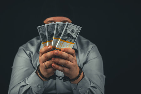 A man in handcuffs and a balaclava mask holds a fan of hundred dollar bills in front of his face on...