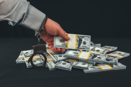Financial fraud. An official in handcuffs wanted to steal a wad of dollars from a pile of money on a...