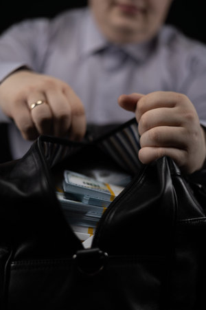 Vertical The hand of a man in a business shirt slowly unzips the bag revealing a large number of...