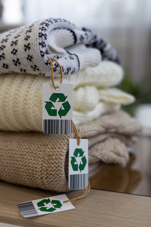 Knitted wool sweaters are stacked with a recycling label. Collecting old items to recycle donate or...