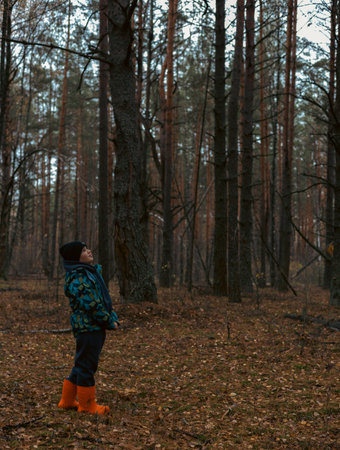 A scared boy, lost in a dark autumn forest, in orange boots, calls for help, looks worried and...