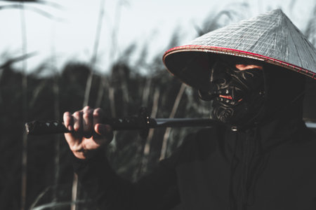 A masked samurai stands tall in a lush bamboo forest, clutching a gleaming katana, radiating...