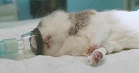A guinea pig under anesthesia. Veterinarians anesthetize a guinea pig through a mask and inject...