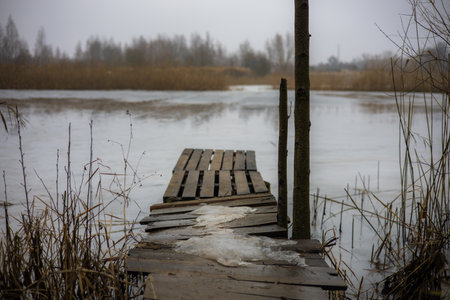 Old wooden pier covered with patches of ice extends into a partially frozen lake surrounded by dry reeds and bare trees in a bleak winter landscape.の写真素材