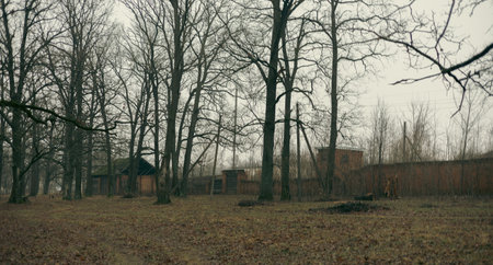 Gloomy and desolate landscape showcasing a small wooden cabin nestled among bare trees, with a brick wall and watchtower in the background, evoking a sense of isolation and mystery.の写真素材