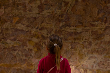 Elementary school student observing prehistoric cave paintings of animals and symbols, engaging with ancient art and history in a museum, sparking curiosity for cultural heritage.の写真素材
