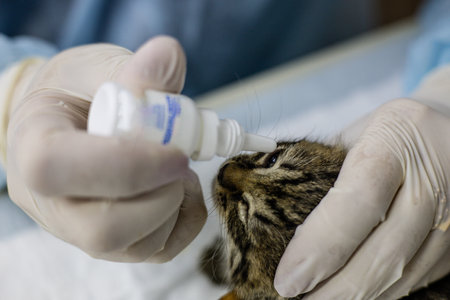 A veterinarian wearing gloves puts eye drops into the eyes of a small stray kitten. The veterinarian provides vital medical care and treatment to the kitten to maintain its health and well-being.の写真素材